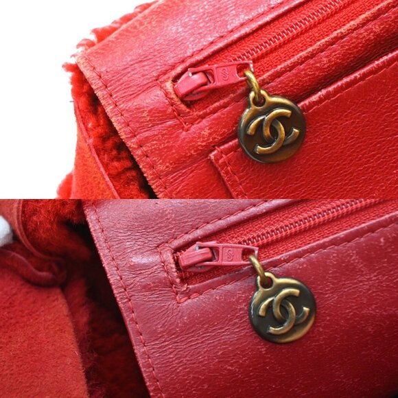 CHANEL CC Logo Hand Tote Bag Suede Shearling Fur Red GHW France 86KA838 - Picture 9 of 15